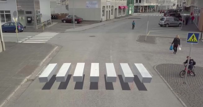 A 3-D painted zebra crosswalk in Ísafjörður, Iceland