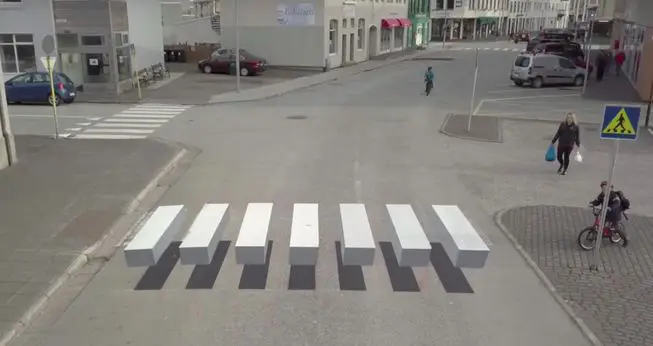 A 3-D painted zebra crosswalk in Ísafjörður, Iceland