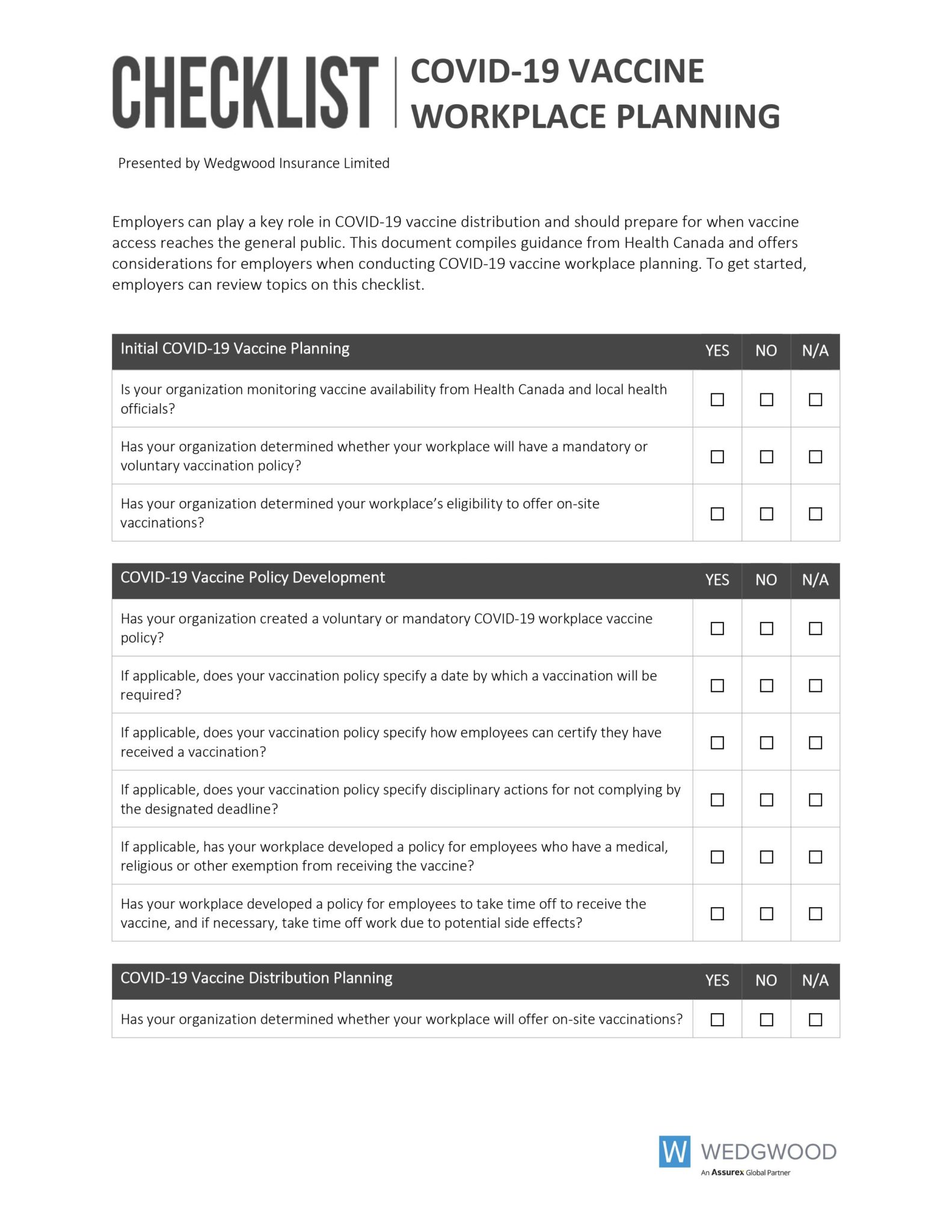 COVID-19 Vaccine Workplace Planning Checklist