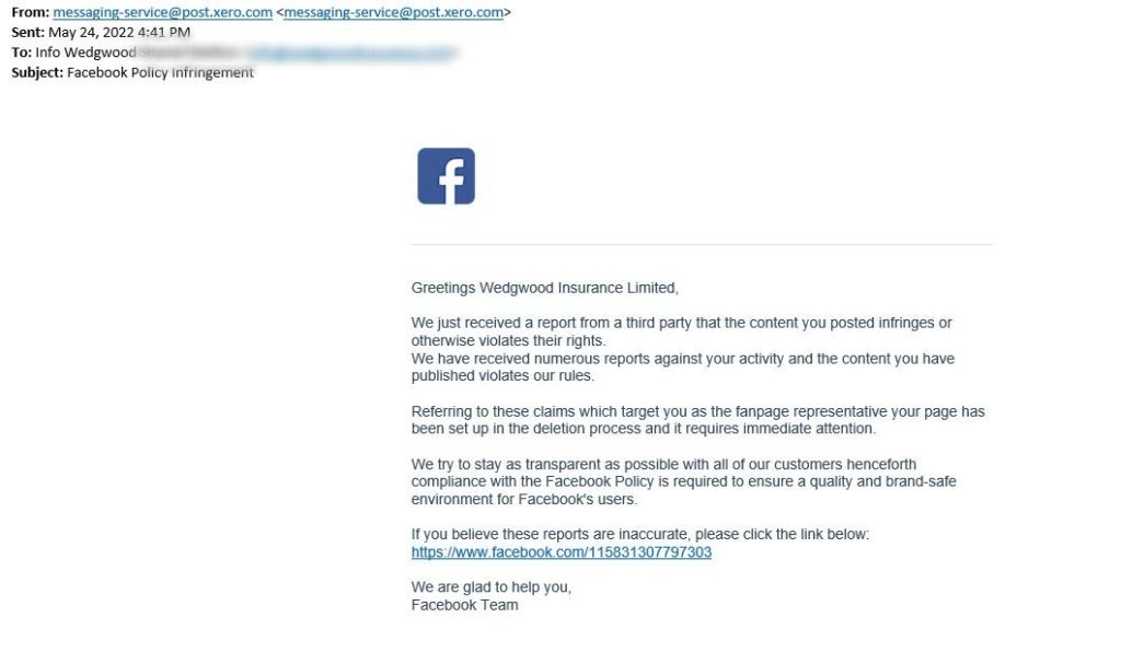 Fake Policy Infringement Scam Intended to Steal Facebook Accounts