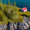 AI generated image of a secondary residence, a traditional Newfoundland cabin on a lake