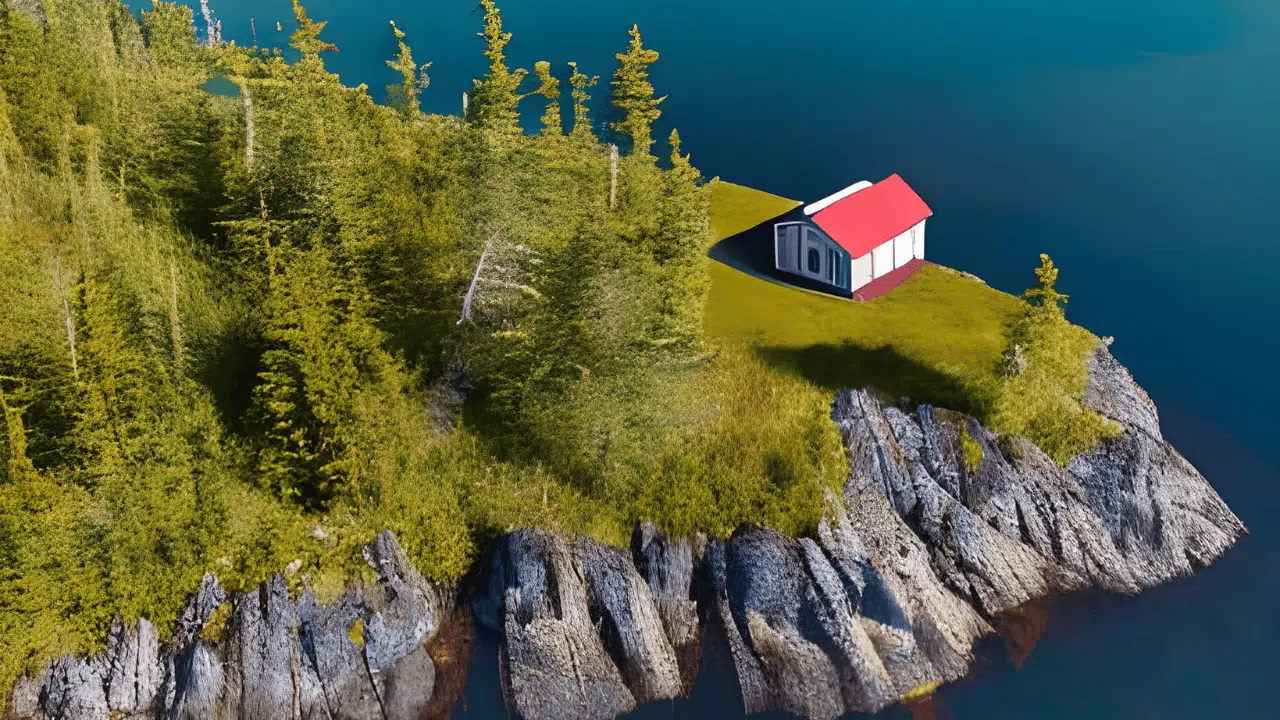 AI generated image of a secondary residence, a traditional Newfoundland cabin on a lake
