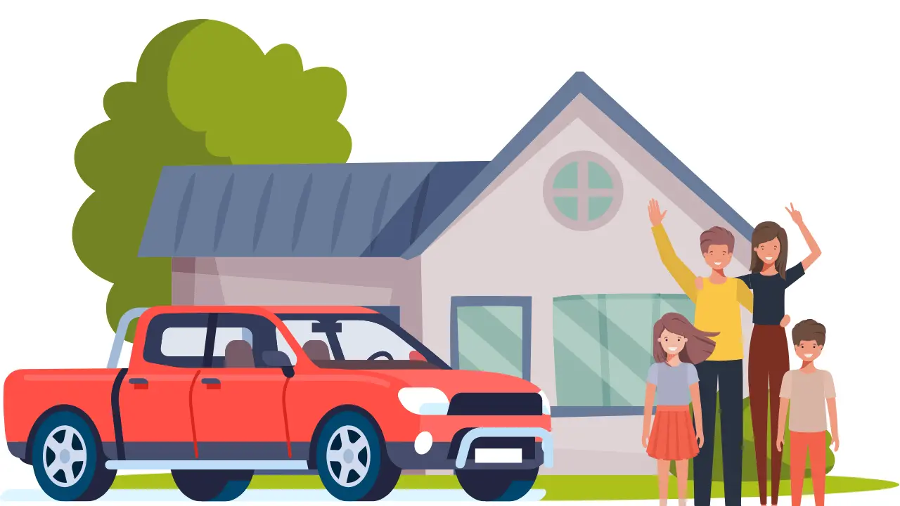 Flat design illustrated family waving in front of their home and parked truck, insured with Wedgwood Insurance.