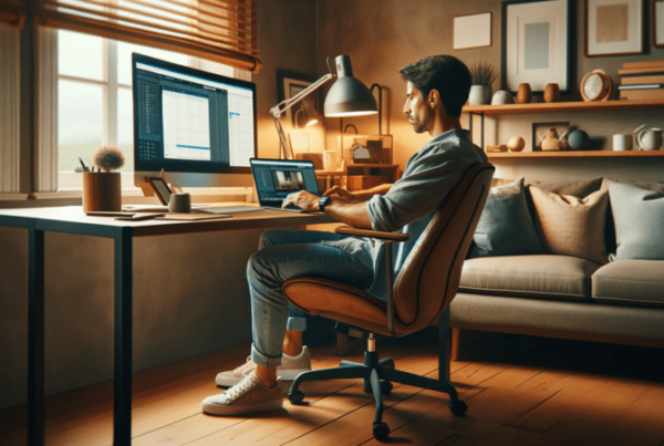 Home office safety and security are emphasized in this image, featuring a male of Hispanic descent working comfortably in a supportive chair at his desk. He's wearing casual, comfy clothes and is focused on a laptop connected to a large external monitor. The room is bathed in natural light from a window, creating a warm and inviting atmosphere. The desk is well-organized, with essential work items, a small potted plant, and personal touches like a framed picture, reflecting a balance of comfort, efficiency, and a secure work environment.