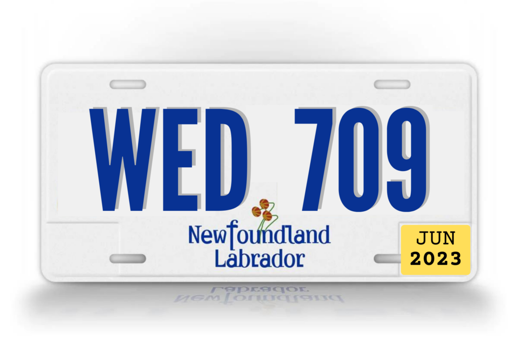 Image of a vehicle license plate with the text 'WED 709' in bold blue letters. Below, there's the phrase 'Newfoundland Labrador' in smaller blue font, accompanied by a graphic of a flower. On the bottom right corner is a yellow tag with 'JUN 2023' in black text, indicating the renewal date for NL License and Registration.
