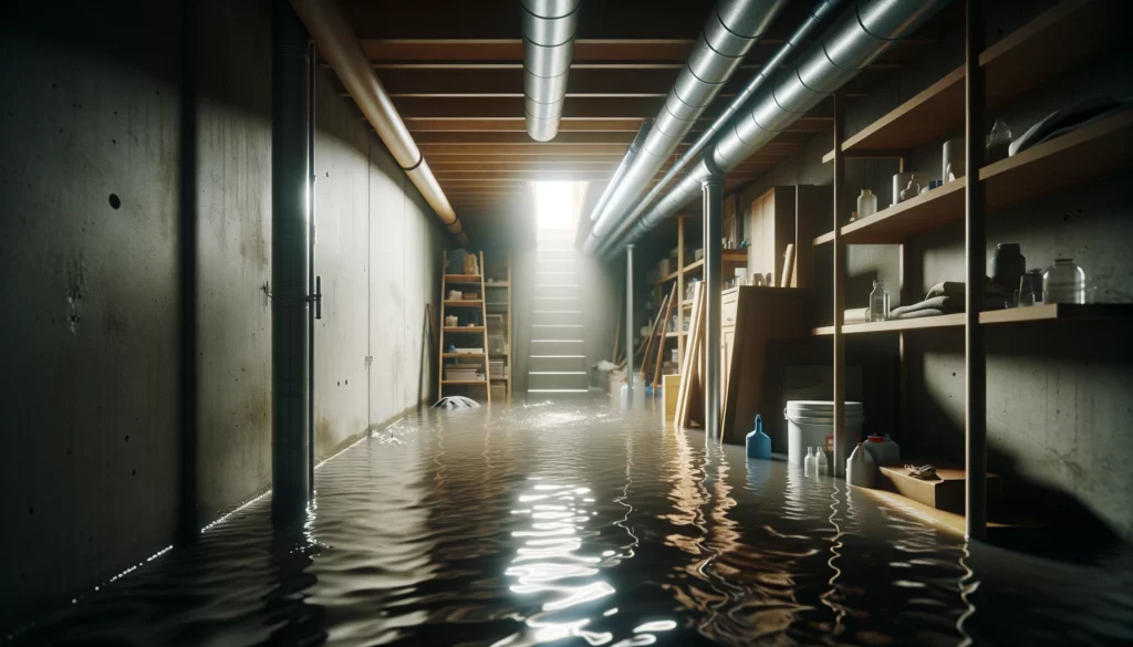 Photorealistic image of a sewer backup in a small, modest unfinished home basement, featuring a narrow space with water covering the floor. The scene shows minimal debris floating in the water, simple concrete floor, basic exposed pipes, and a few stored items, reflecting a smaller home's basement environment. The area is dimly lit, emphasizing the confined space and creating a grim atmosphere indicative of the distressing situation caused by the sewer backup.