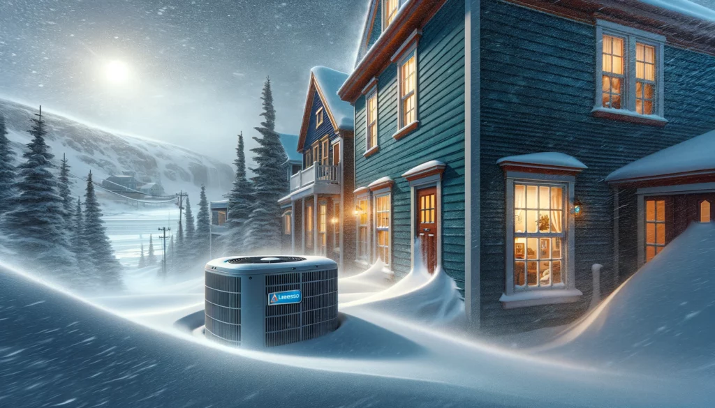 Photorealistic image of a heat pump on the side of a vibrant Newfoundland home during a winter storm. The home, characterized by its distinctive Newfoundland architecture with colorful wooden facades, stands against a backdrop of a harsh winter landscape. Snow heavily accumulates around the heat pump, partially burying it, and blankets the ground, reflecting the severity of the storm. Snowflakes swirl in the air amidst strong winds. The rugged terrain of Newfoundland, with snow-covered trees and possibly a distant frozen body of water, forms the background. Warm light emanates from the home's windows, contrasting with the cool, bluish hues of the snowy environment outside.
