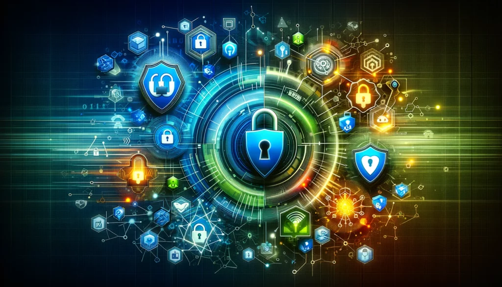 Digital illustration symbolizing scam awareness and prevention, featuring digital locks, protective shields, and abstract secure network representations in a color palette of blues, greens, and yellows, highlighting cybersecurity measures against phishing, vishing, and social engineering tactics.