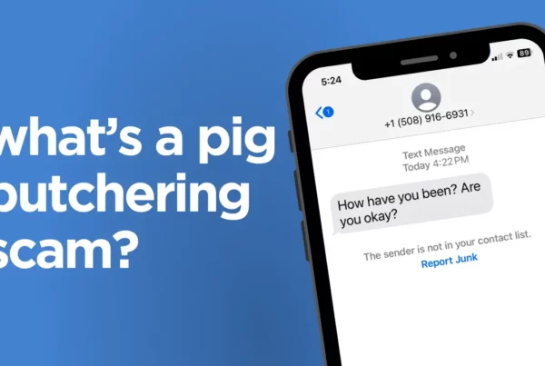 Graphic with a deep blue background and a white smartphone centered. The screen of the smartphone displays a text message conversation with one message that reads 'How have you been? Are you okay?' from an unknown sender, with the option to 'Report Junk' below. Above the smartphone, in bold white text, the question 'what's a pig butchering scam?' is posed. The phone's status bar shows full signal strength, Wi-Fi connection, and a battery at 89%.