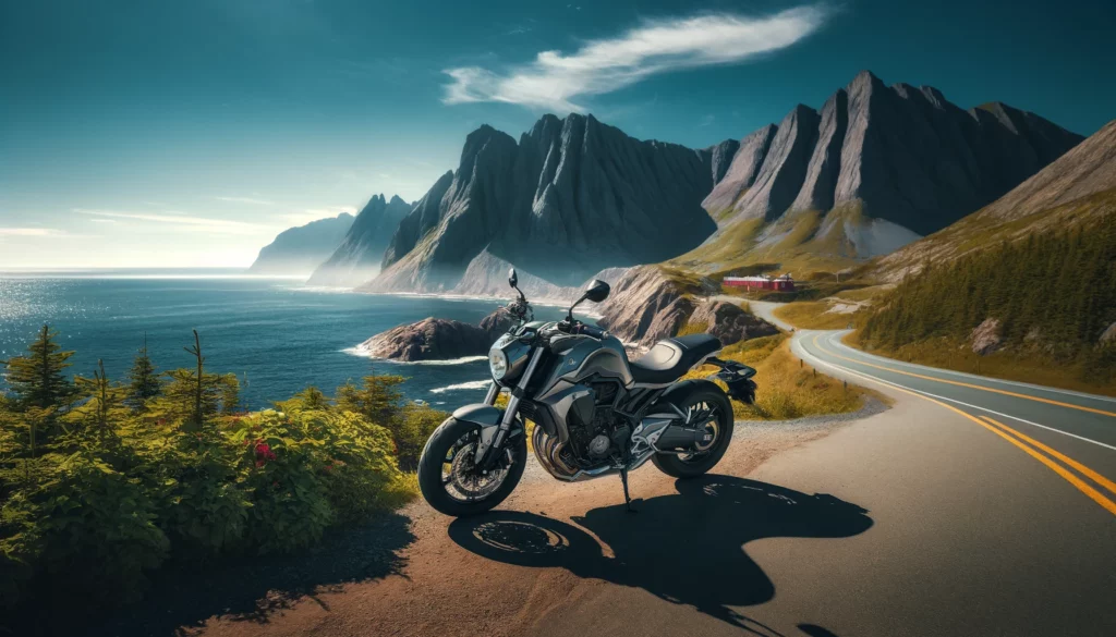A scenic view in Newfoundland and Labrador depicting the journey to obtaining a motorcycle license NL, featuring a modern motorcycle parked on a coastal road with the ocean and rugged cliffs in the background, under a clear blue sky.