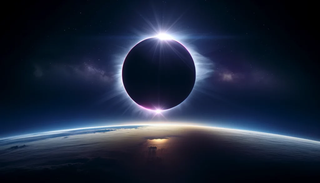 Photorealistic depiction of a solar eclipse, showcasing the moment of totality with the moon perfectly aligned in front of the sun. A radiant halo of light, the sun's corona, encircles the dark silhouette of the moon against a backdrop transitioning from the dark indigo of outer space to the deep blue of Earth's upper atmosphere. Stars twinkle in the shadowed sky, highlighting the spectacle's cosmic scale. Viewed from a high altitude, the Earth below is faintly illuminated by the eclipse's otherworldly light, with continents and oceans barely visible. Remember, observing a solar eclipse requires proper safety measures: use certified solar viewing glasses to protect your eyes from harmful rays.